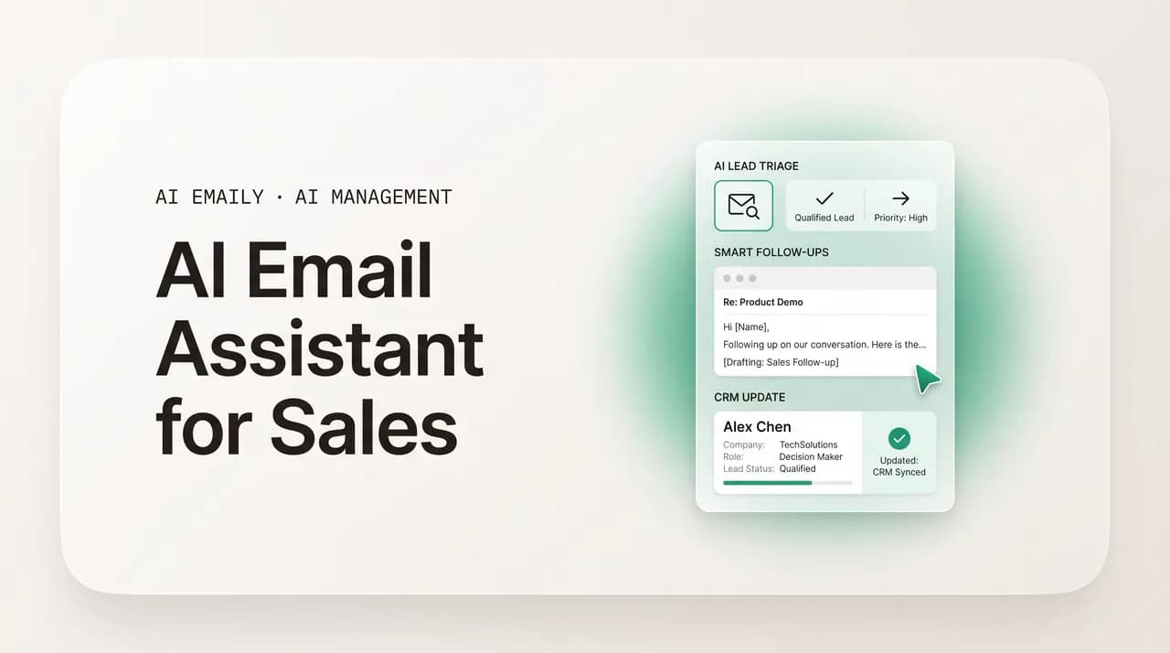 AI Emaily blog cover for AI email assistant for sales, showing an AI triaging leads and drafting follow-ups