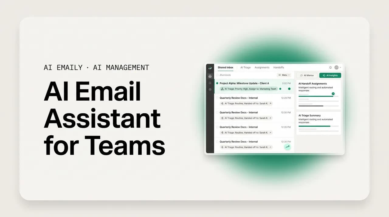 AI Emaily blog cover for AI email assistant for teams, showing a shared inbox with AI triage and handoffs