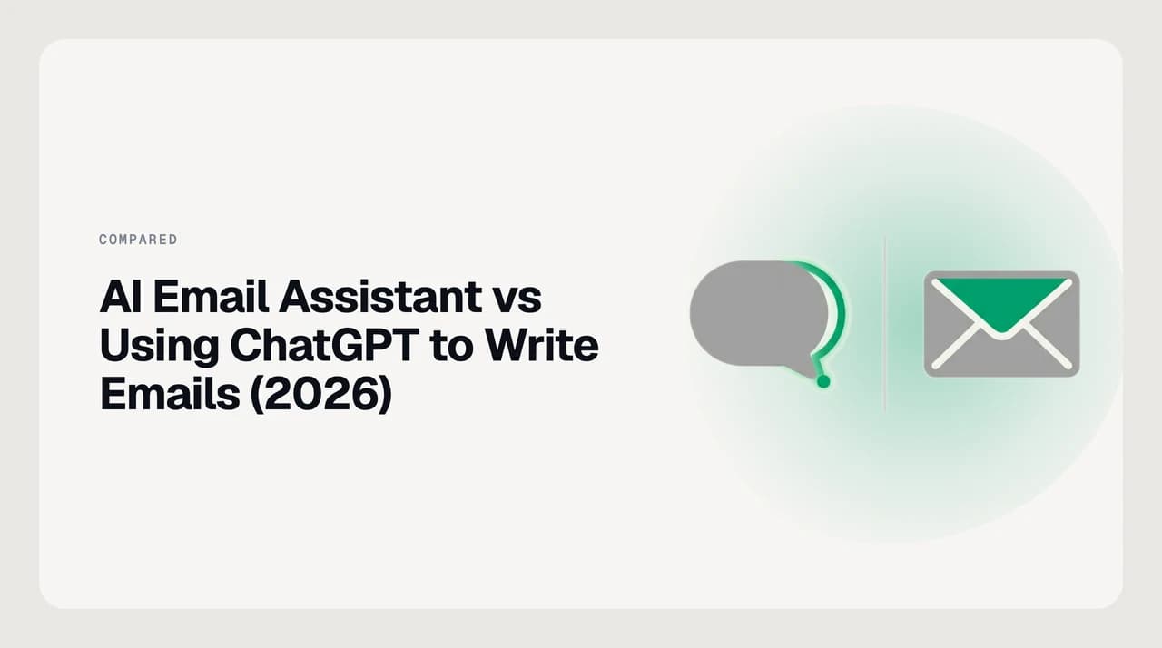 Comparison cover for an AI email assistant vs using ChatGPT to write emails, showing an inbox draft next to a copy-paste chatbot window
