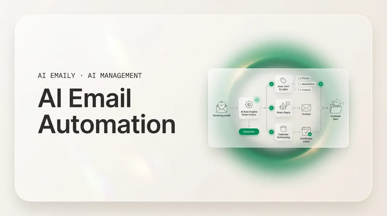 AI Emaily blog cover for the AI email automation guide, showing a self-running inbox automation flow