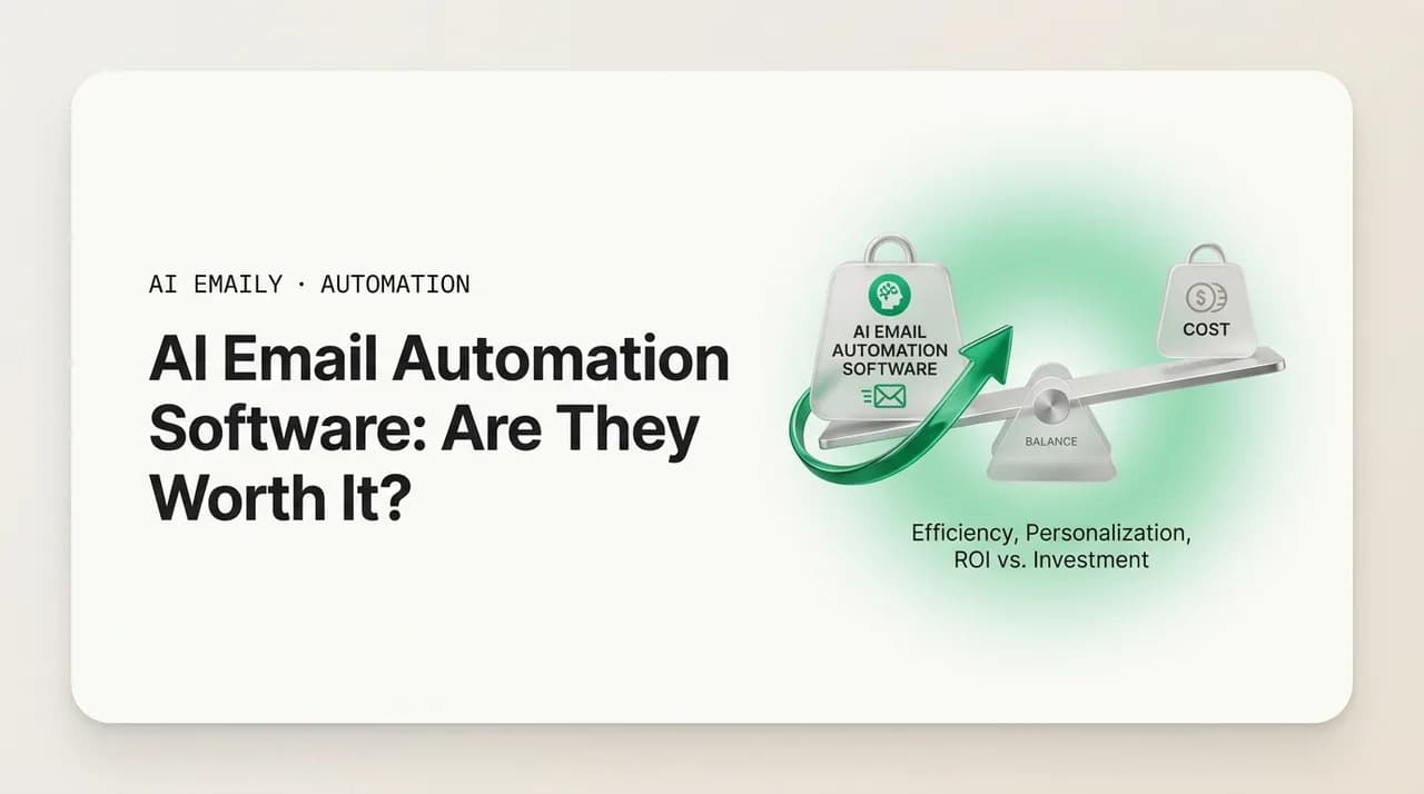 AI Emaily blog cover for AI email automation software, showing a value scale weighing automation software against cost