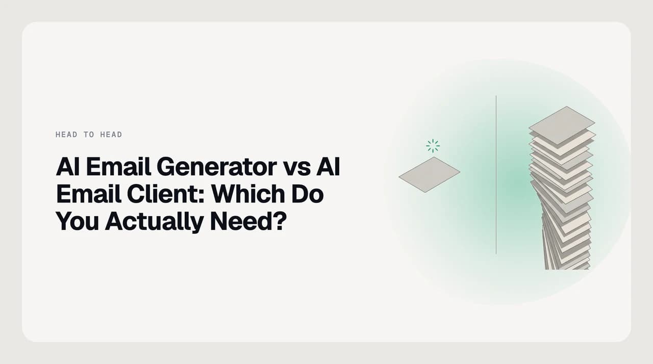 Split-panel illustration contrasting an AI email generator writing a single draft on demand with an AI email client triaging a full inbox and sending replies