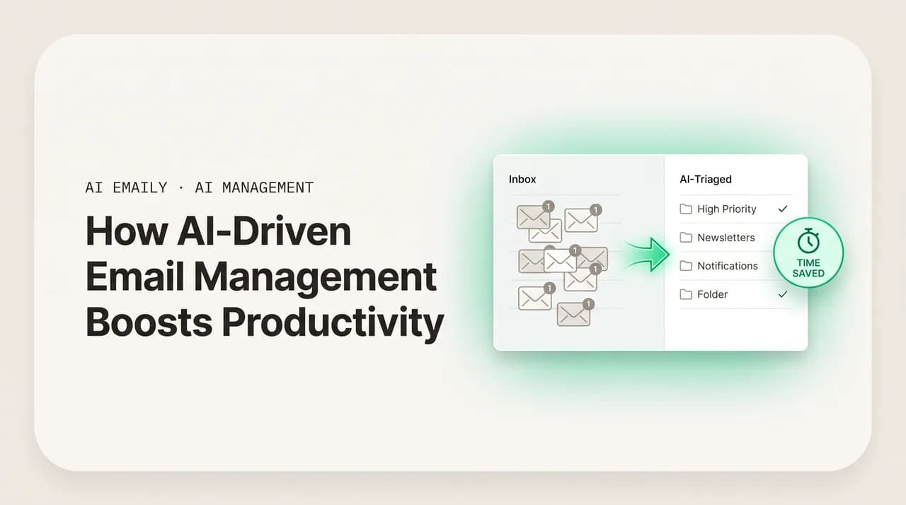AI Emaily blog cover for AI email management productivity, showing a messy inbox becoming an AI-triaged calm inbox