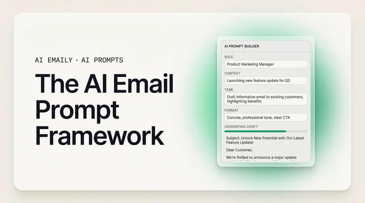AI Emaily blog cover for the AI email prompt framework, showing a structured prompt with role, context, task and format fields