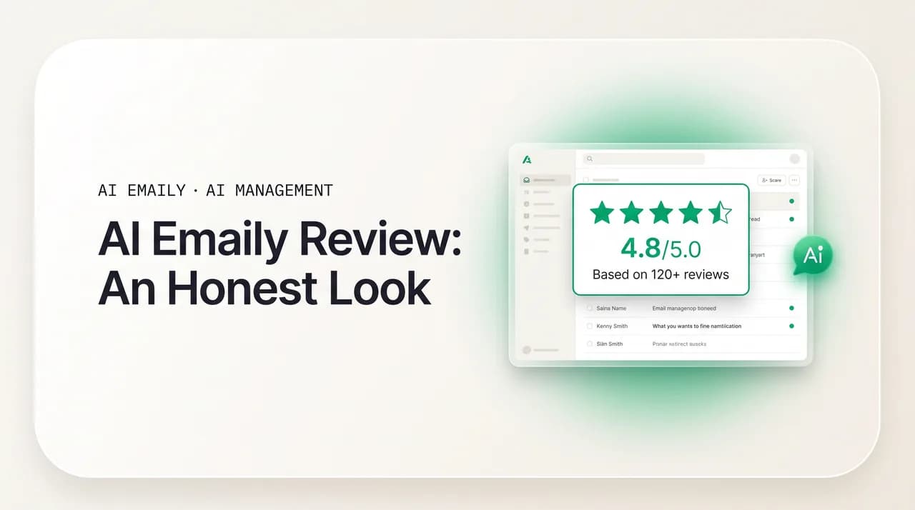 AI Emaily blog cover for the AI Emaily review, showing an intelligent inbox dashboard with a rating
