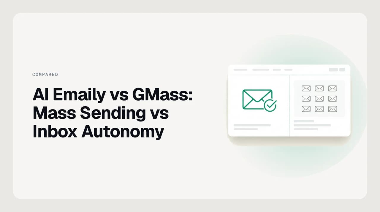 Diagram comparing AI Emaily vs GMass for cold email: GMass sending a mail-merge campaign out of Gmail on one side, AI Emaily triaging and drafting the incoming replies on the other.