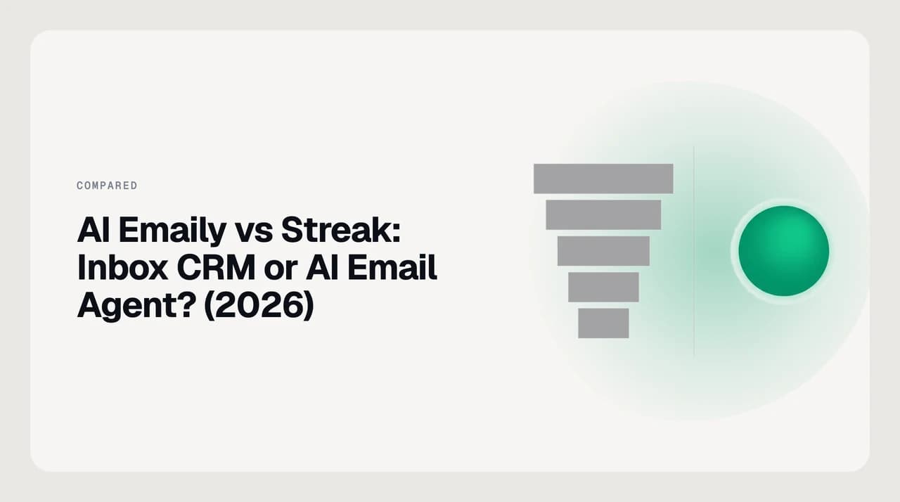 AI Emaily vs Streak comparison cover: a Gmail CRM pipeline of deal cards beside an approval-first AI email agent drafting a reply