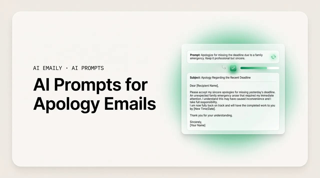 AI Emaily blog cover for AI prompts for apology emails, showing an AI assistant drafting an apology email