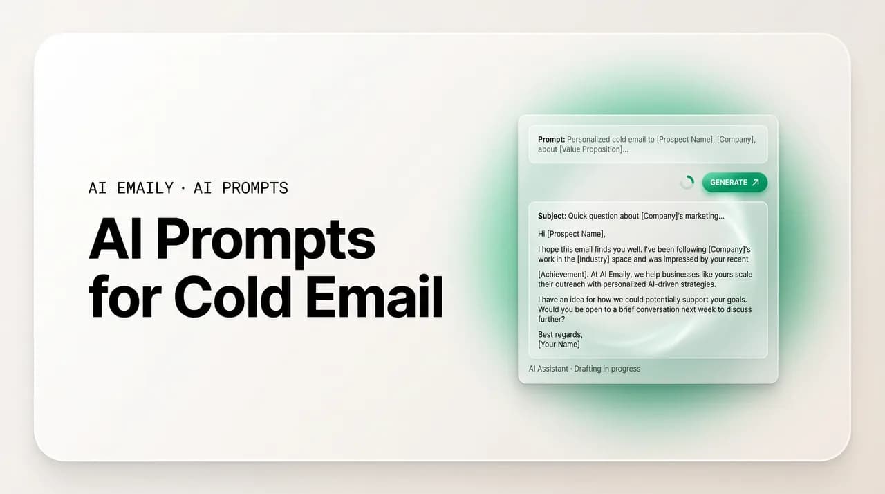 AI Emaily blog cover for AI prompts for cold email, showing an AI assistant drafting a personalized cold email