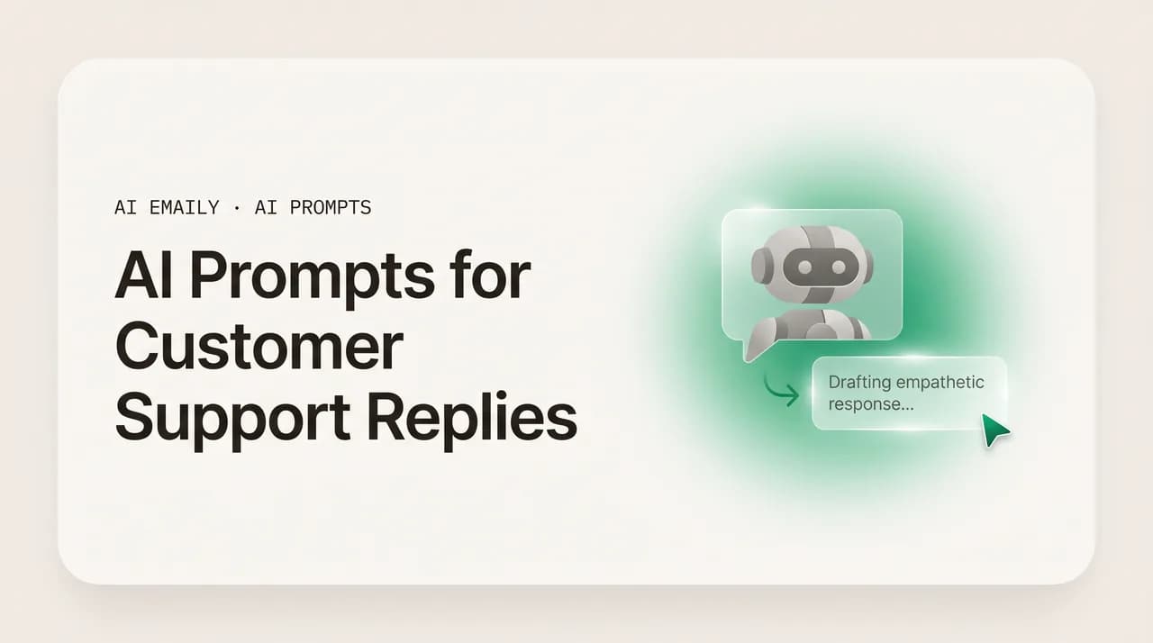 AI Emaily blog cover for AI prompts for customer support replies, showing an AI drafting a support reply