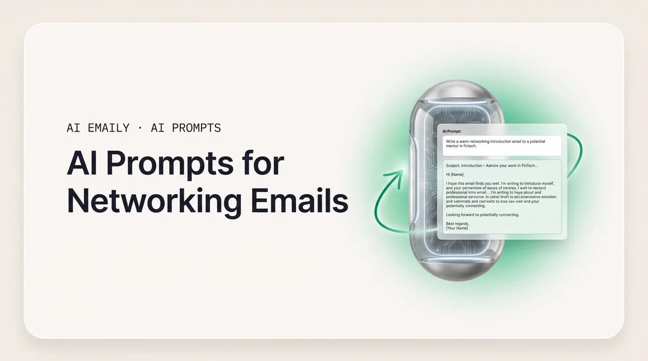 AI Emaily blog cover for AI prompts for networking emails, showing an AI drafting a networking intro