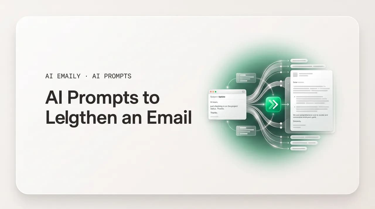 AI Emaily blog cover for AI prompts to lengthen an email, showing an AI expanding a short email