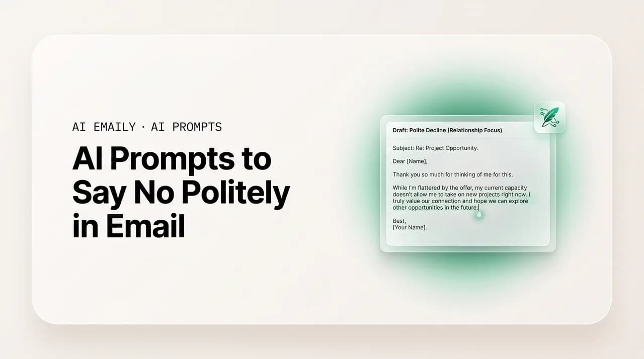 AI Emaily blog cover for AI prompts to say no politely in email, showing an AI drafting a polite decline