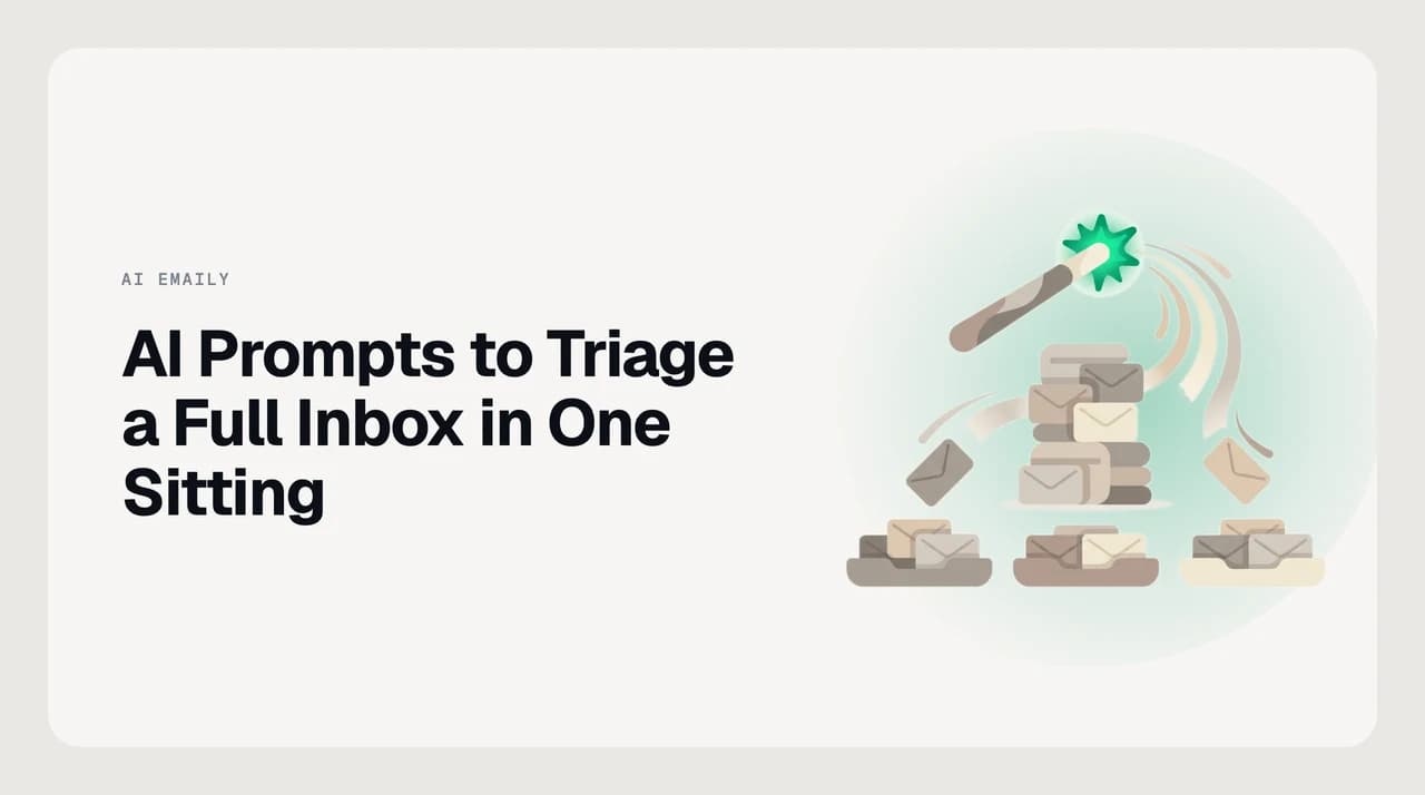 AI Emaily blog cover for AI prompts to triage a full inbox, showing a sorted priority email list with reply-now, read-later, and archive buckets