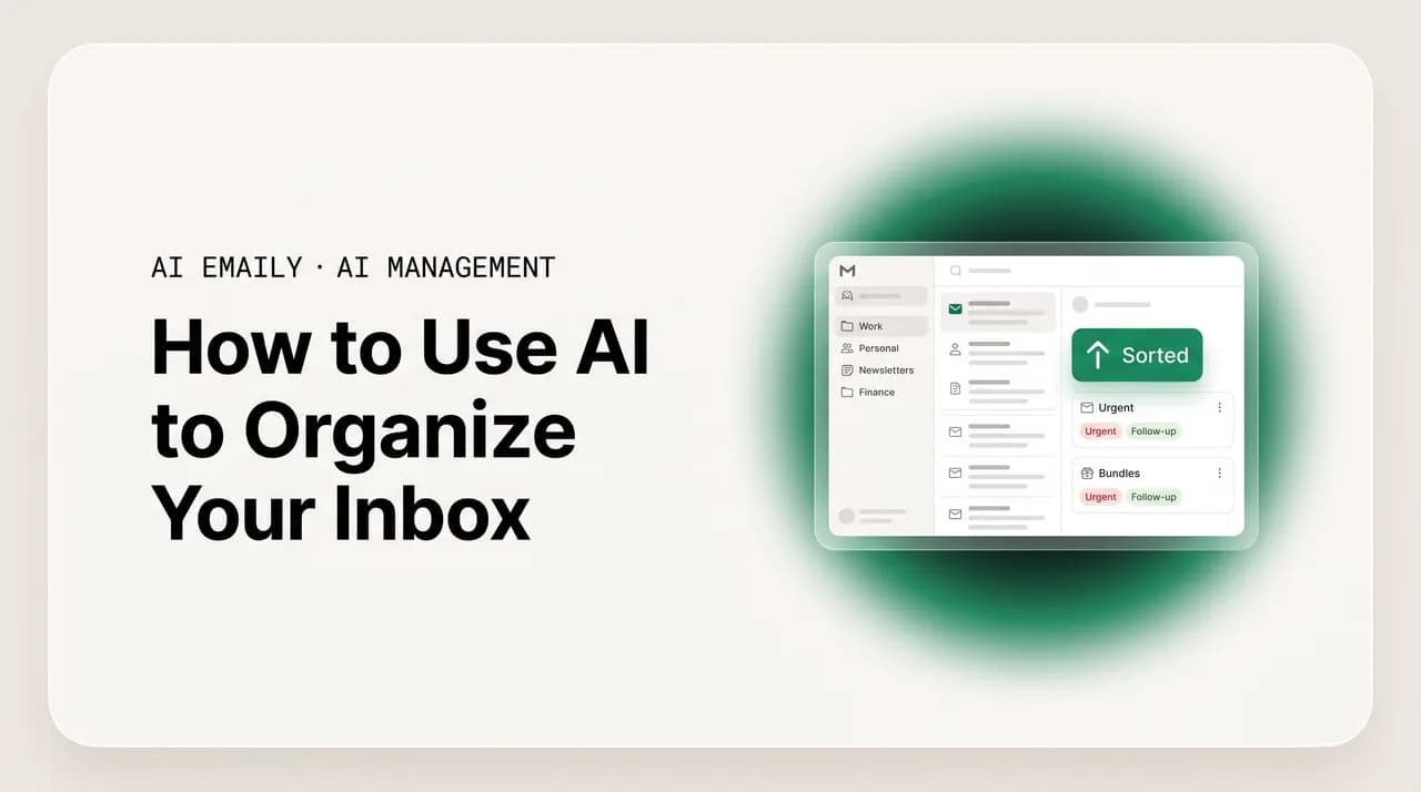 AI Emaily blog cover for using AI to organize your inbox, showing AI sorting emails into folders and bundles