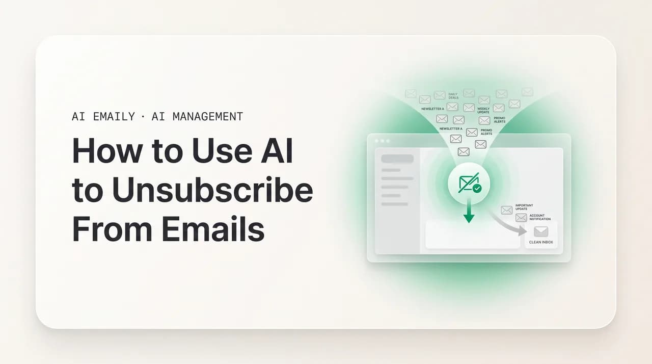 AI Emaily blog cover for using AI to unsubscribe from emails, showing AI bulk unsubscribing from newsletters