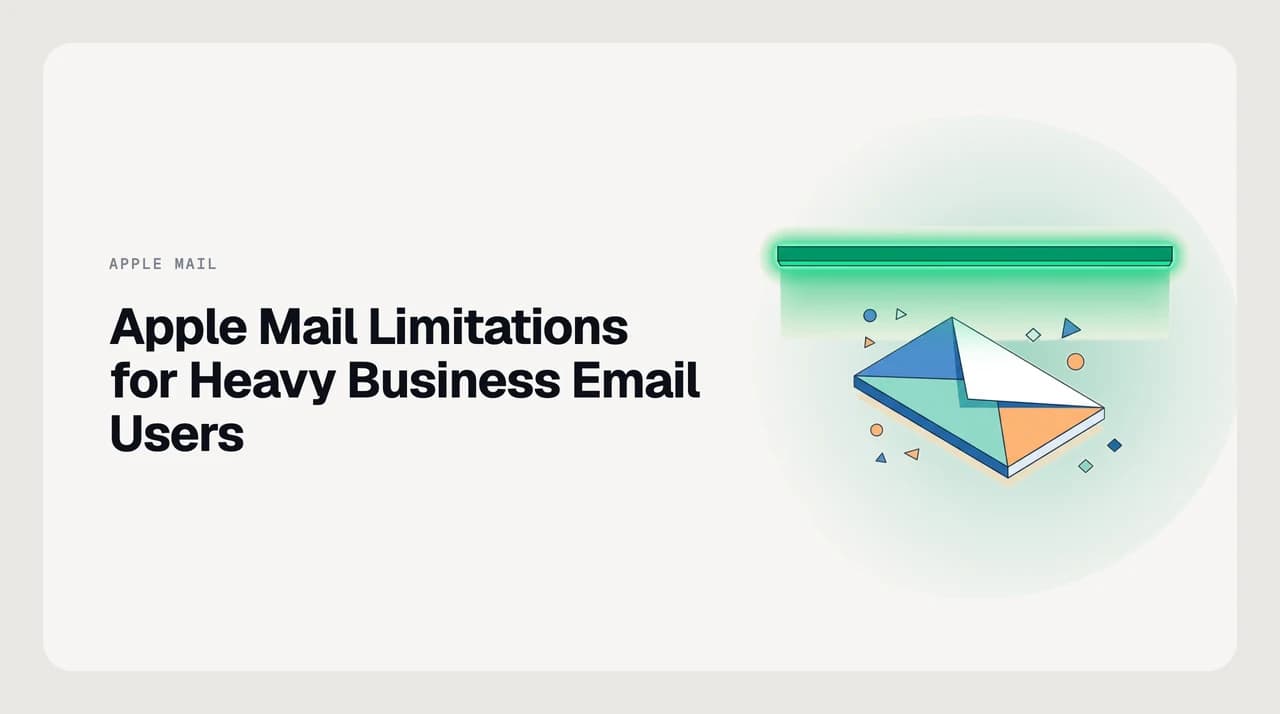 Apple Mail app icon surrounded by stacked email threads, representing the limitations business users encounter at high email volume