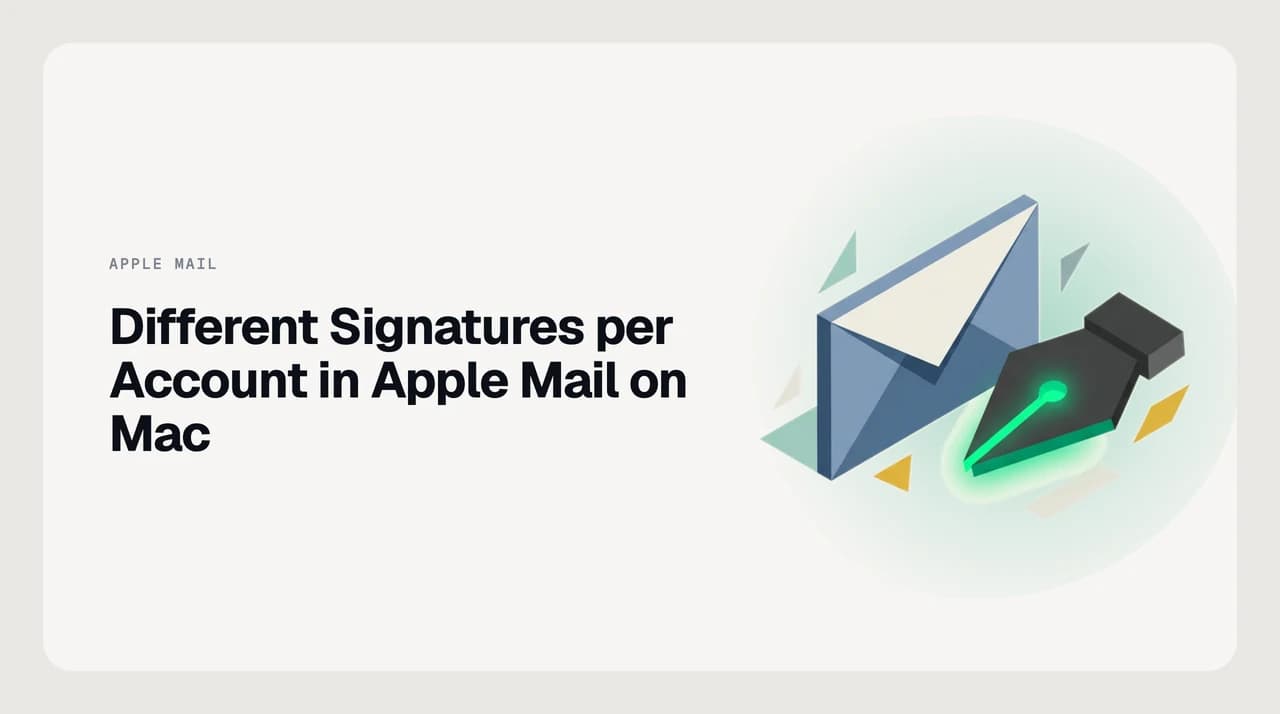 Apple Mail Signatures settings pane on macOS showing per-account signature assignment, the default signature dropdown, and the place-above-quoted-text checkbox