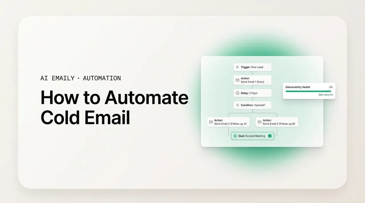AI Emaily blog cover for automate cold email, showing an automated cold email sequence with a deliverability meter