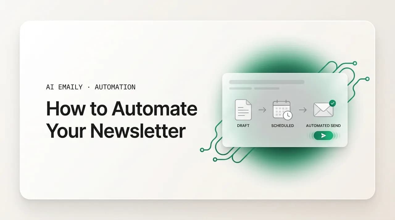 AI Emaily blog cover for automate newsletters, showing a newsletter going from draft to scheduled send