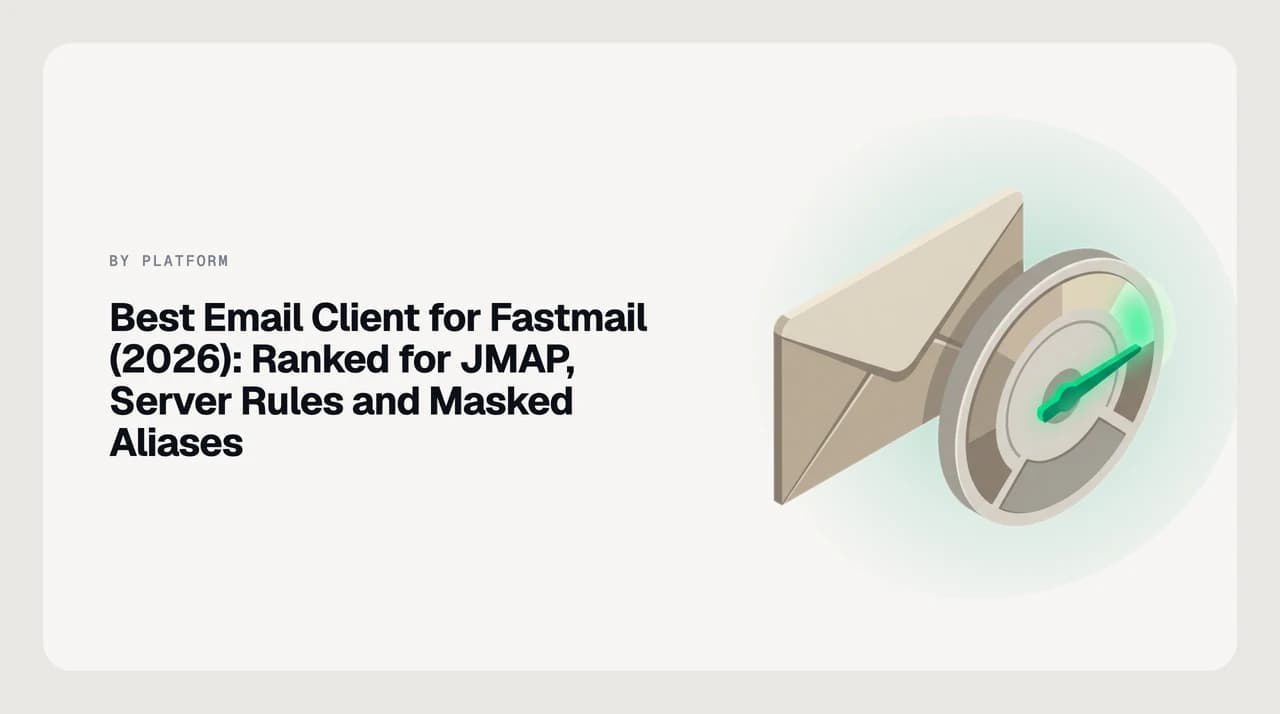 A Fastmail envelope with server-side rule tags routing mail to categorised folders, alongside desktop and mobile client icons preserving the same labels — illustrating a comparison of email clients that respect Fastmail's JMAP and Sieve rules