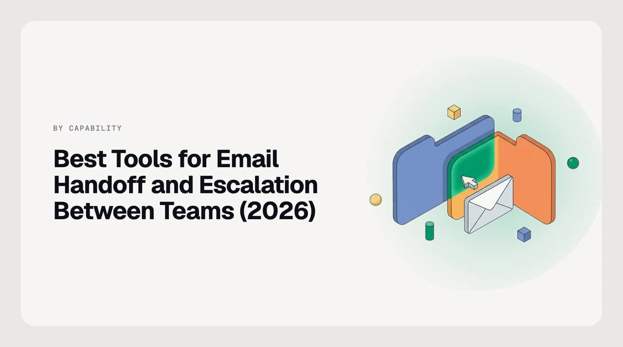 Illustration of an email thread with an internal note being handed off between two team owners while retaining full context, prior replies, and attachments
