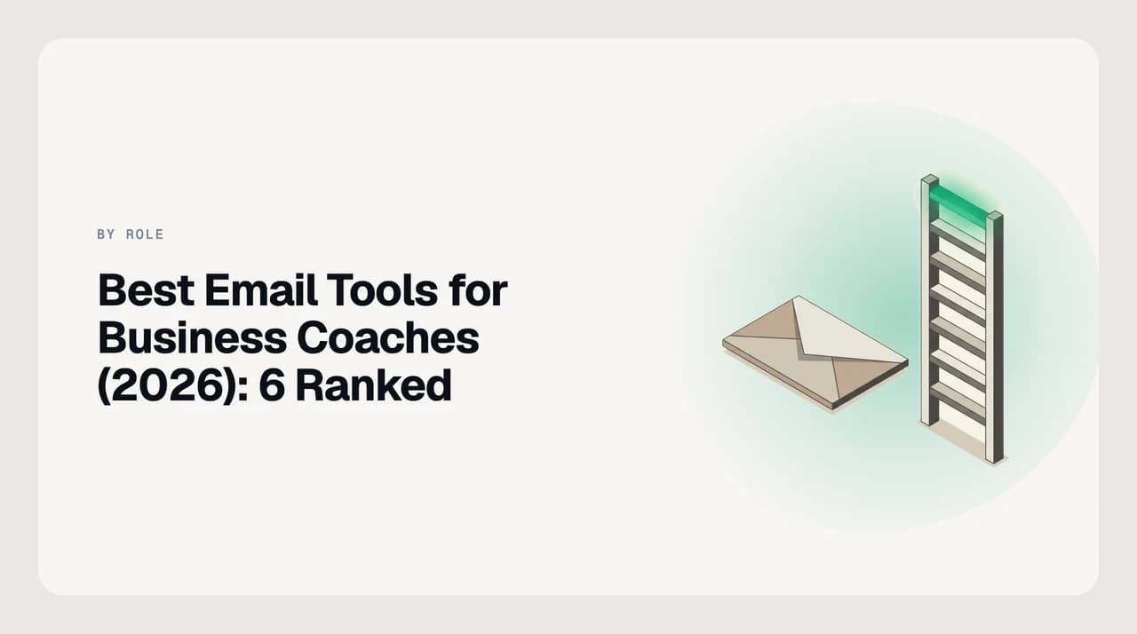 Illustration of an inbox organised into per-client tracks with follow-up nudges queued between sessions, representing the best email tool for business coaches