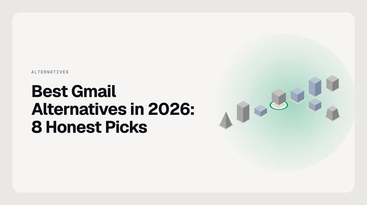Eight ranked cards representing the best Gmail alternatives in 2026, grouped by AI-native, privacy-first, business and cross-platform categories.