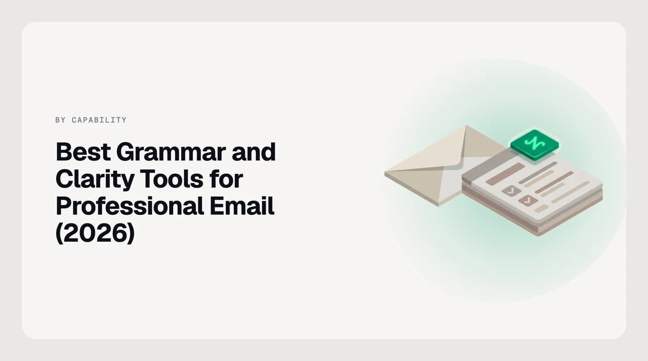 Cover art for a 2026 roundup of the best grammar and clarity tools for professional email, comparing proofreading assistants, built-in editors and AI rewriters