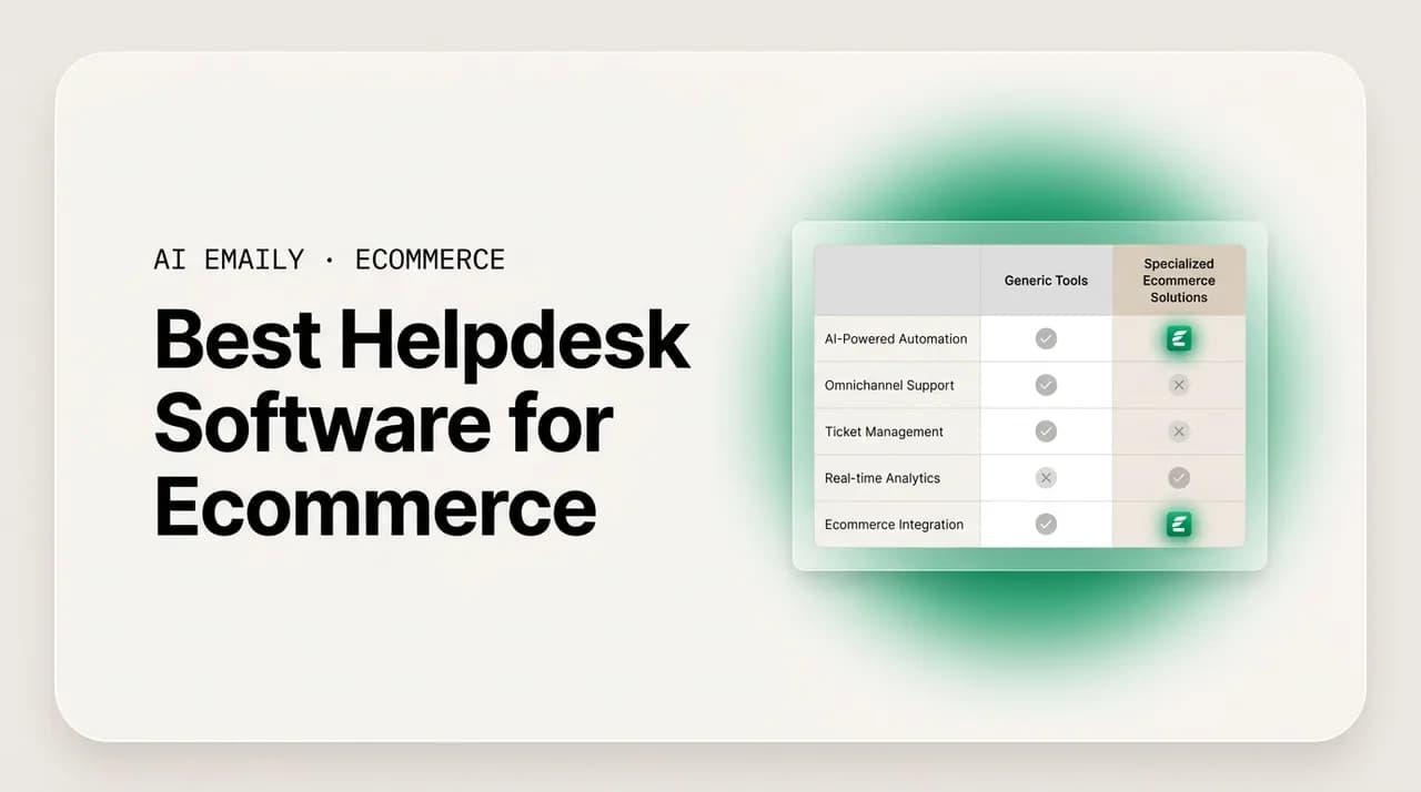 AI Emaily blog cover for best helpdesk software for ecommerce, showing a comparison of support tools
