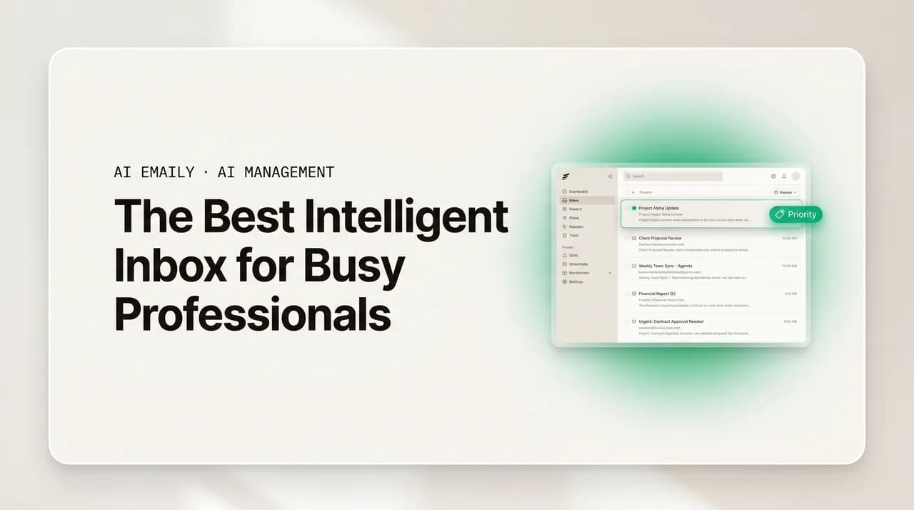 AI Emaily blog cover for the best intelligent inbox for busy professionals, showing a calm focused inbox dashboard