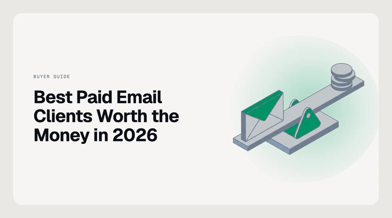 Best paid email clients worth the money in 2026 — seven subscription email clients shown as a ranked stack with a green top pick card