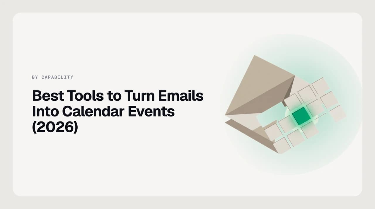 Illustration of the best tools to turn emails into calendar events, showing a flight confirmation extracted into a calendar entry with the source thread attached