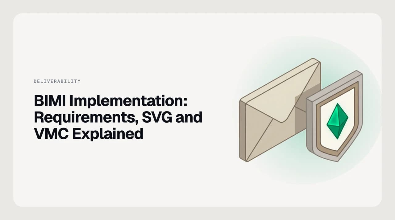 Diagram of BIMI implementation requirements: DMARC at enforcement, an SVG Tiny PS logo, a BIMI DNS record, and a Verified Mark Certificate for Gmail and Apple Mail.
