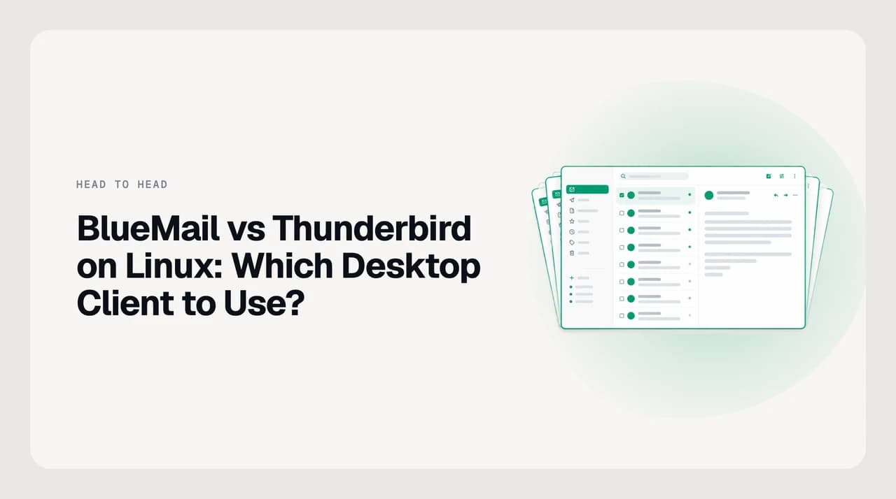 Side-by-side comparison of BlueMail and Thunderbird as desktop email clients on Linux, showing packaging formats, licensing and calendar support