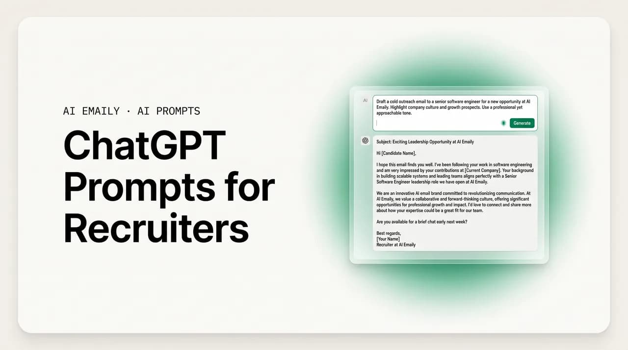 AI Emaily blog cover for ChatGPT prompts for recruiters, showing an AI drafting a candidate outreach email
