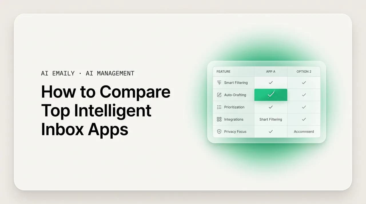 AI Emaily blog cover for comparing intelligent inbox apps, showing a comparison table of inbox apps