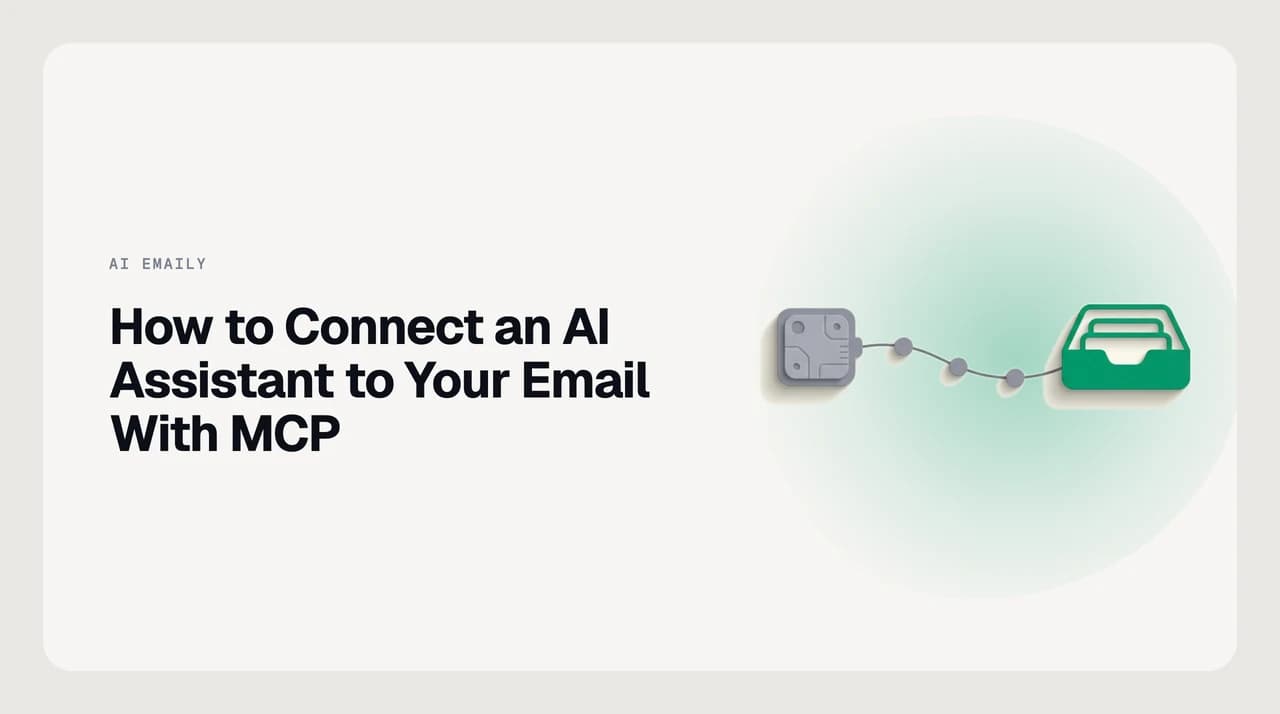 Diagram showing an AI assistant connecting to a mailbox via an MCP server, with tool calls for search, read, and draft flowing between the client and the inbox