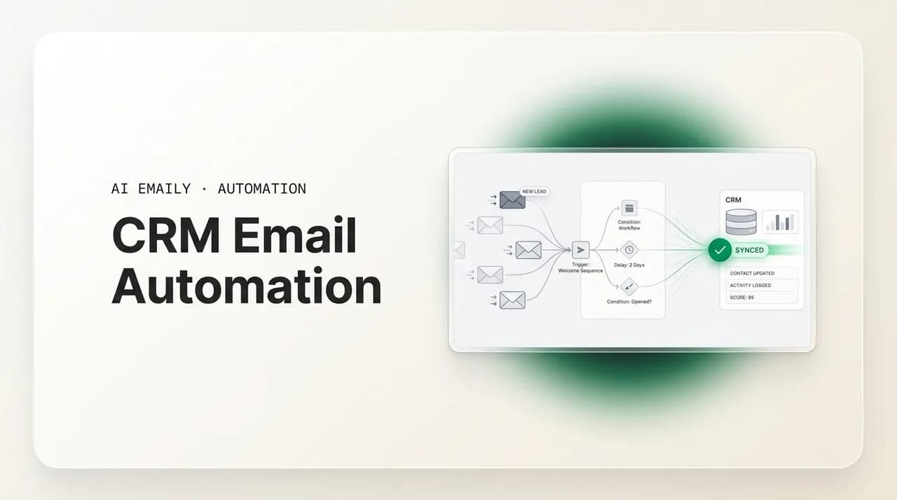 AI Emaily blog cover for CRM email automation, showing emails syncing and logging to a CRM automatically