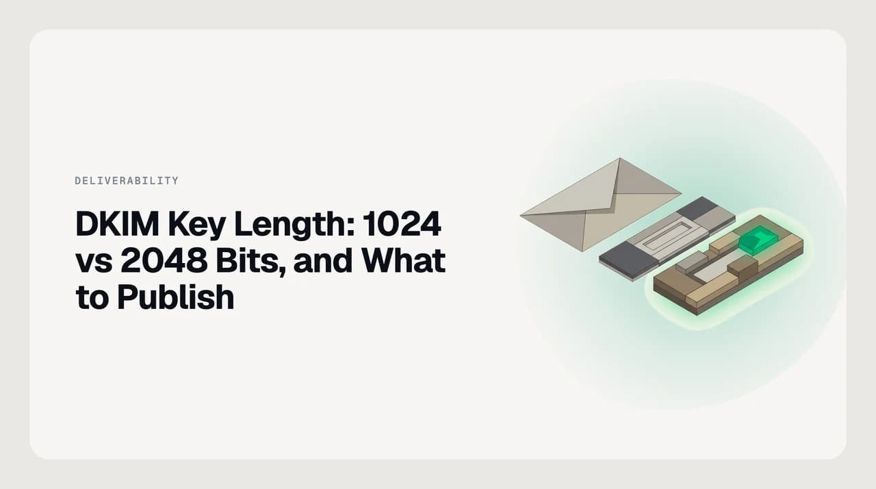 AI Emaily blog cover comparing DKIM 1024 vs 2048 key length, showing a short 1024-bit key fitting one DNS TXT string and a longer 2048-bit key split across two strings