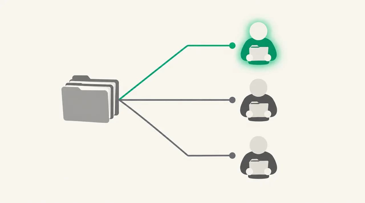 A stack of work folders with three lines branching to three people, each holding exactly one folder; one owner and their line are highlighted green