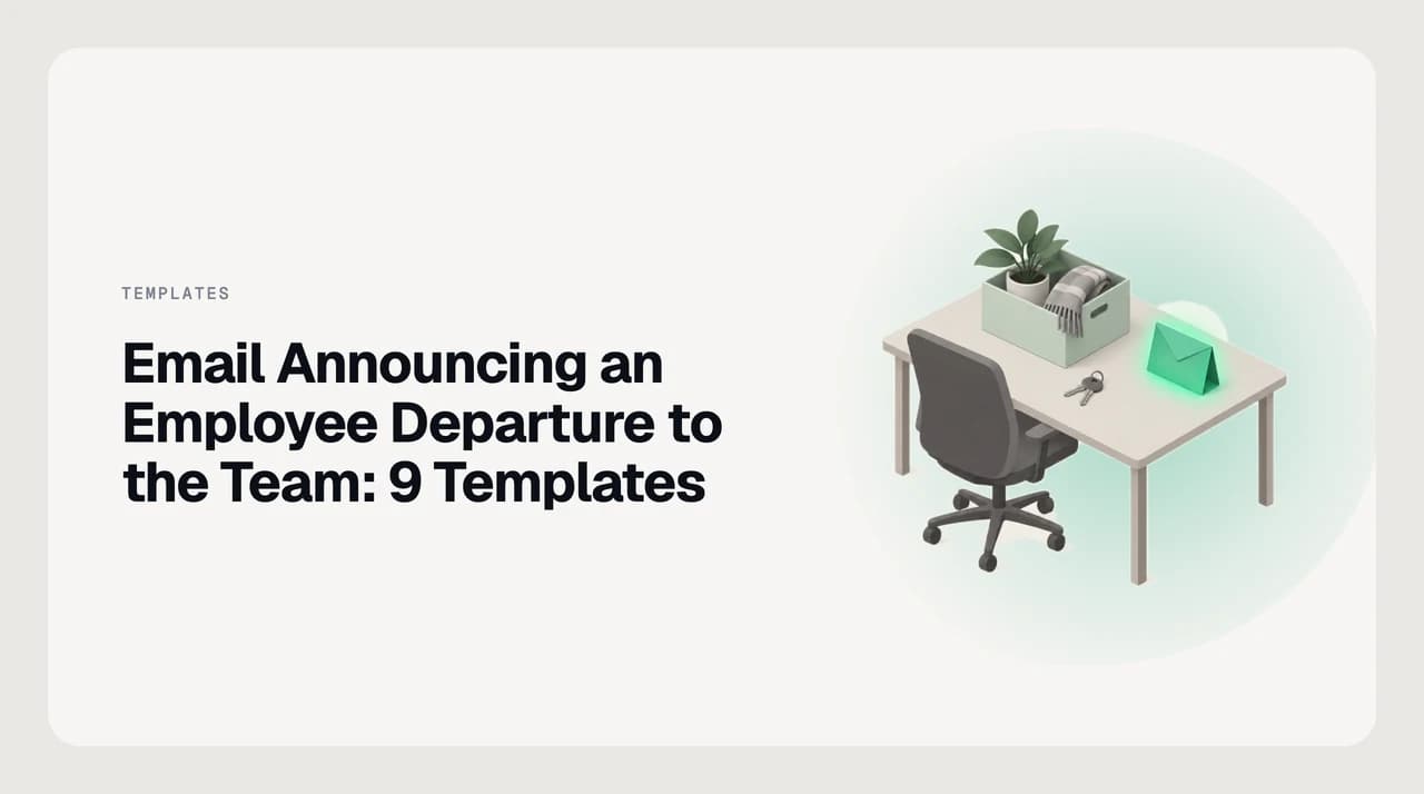 An emptied office desk with a packed mint box holding a plant and a scarf, a set of keys left on the desk and a green farewell envelope standing upright