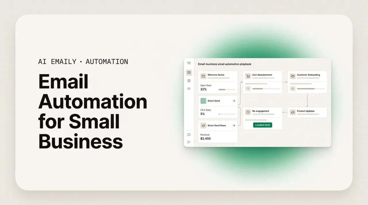 AI Emaily blog cover for email automation for small business, showing a small-business email automation dashboard