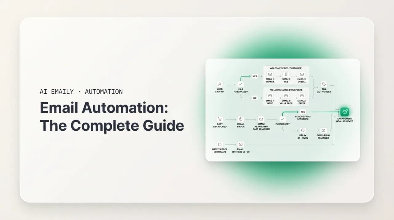 AI Emaily blog cover for email automation, showing a complete system of rules, sequences, and workflows