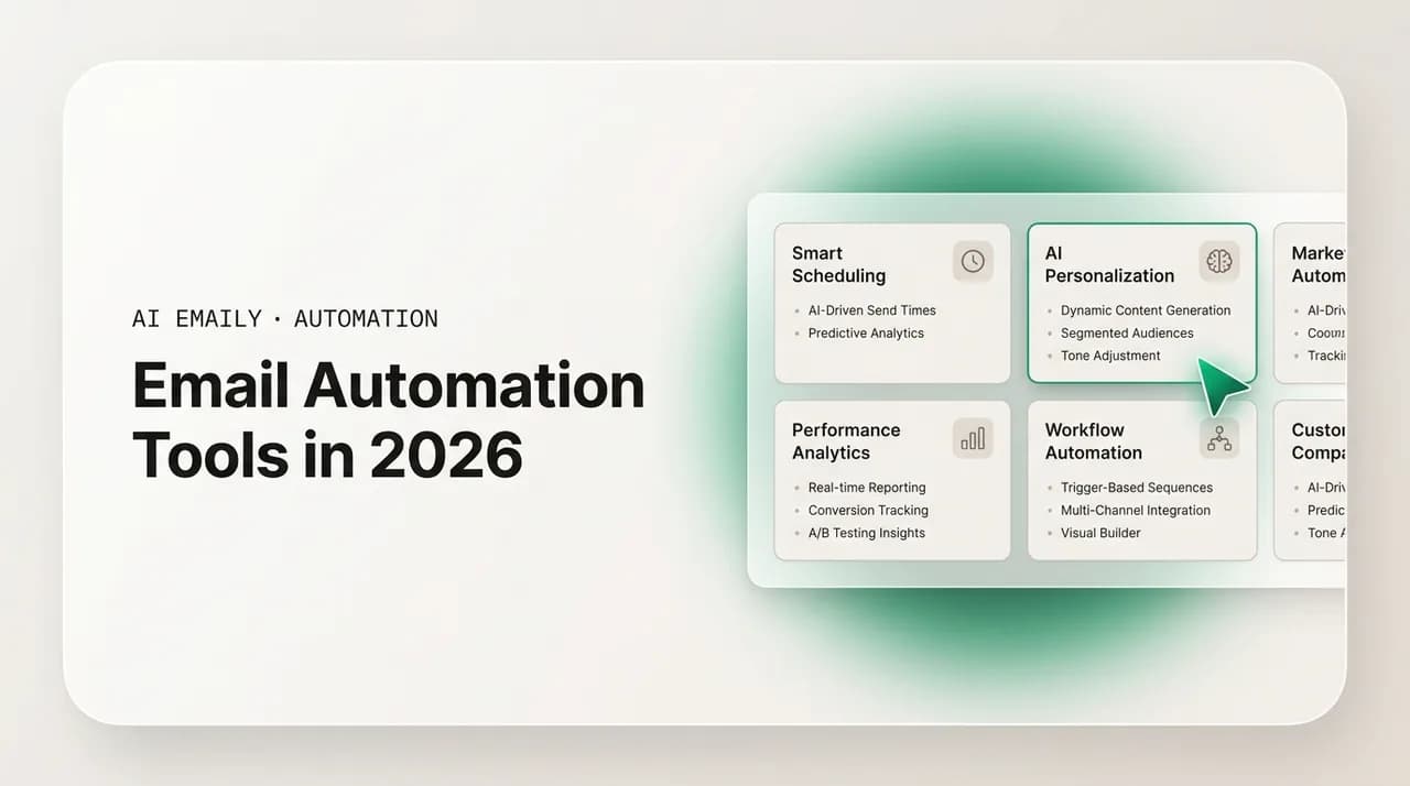 AI Emaily blog cover for email automation tools, showing a comparison of email automation tool cards