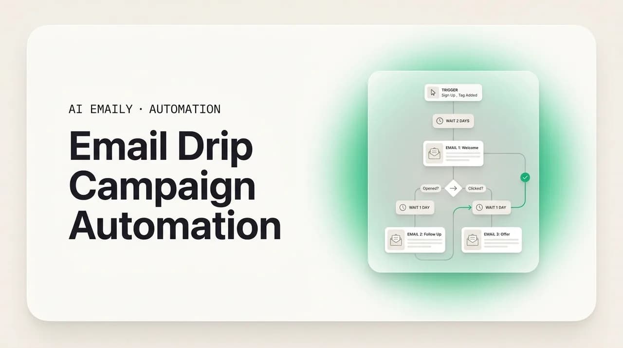 AI Emaily blog cover for email drip campaign automation, showing a drip campaign with triggers and timing