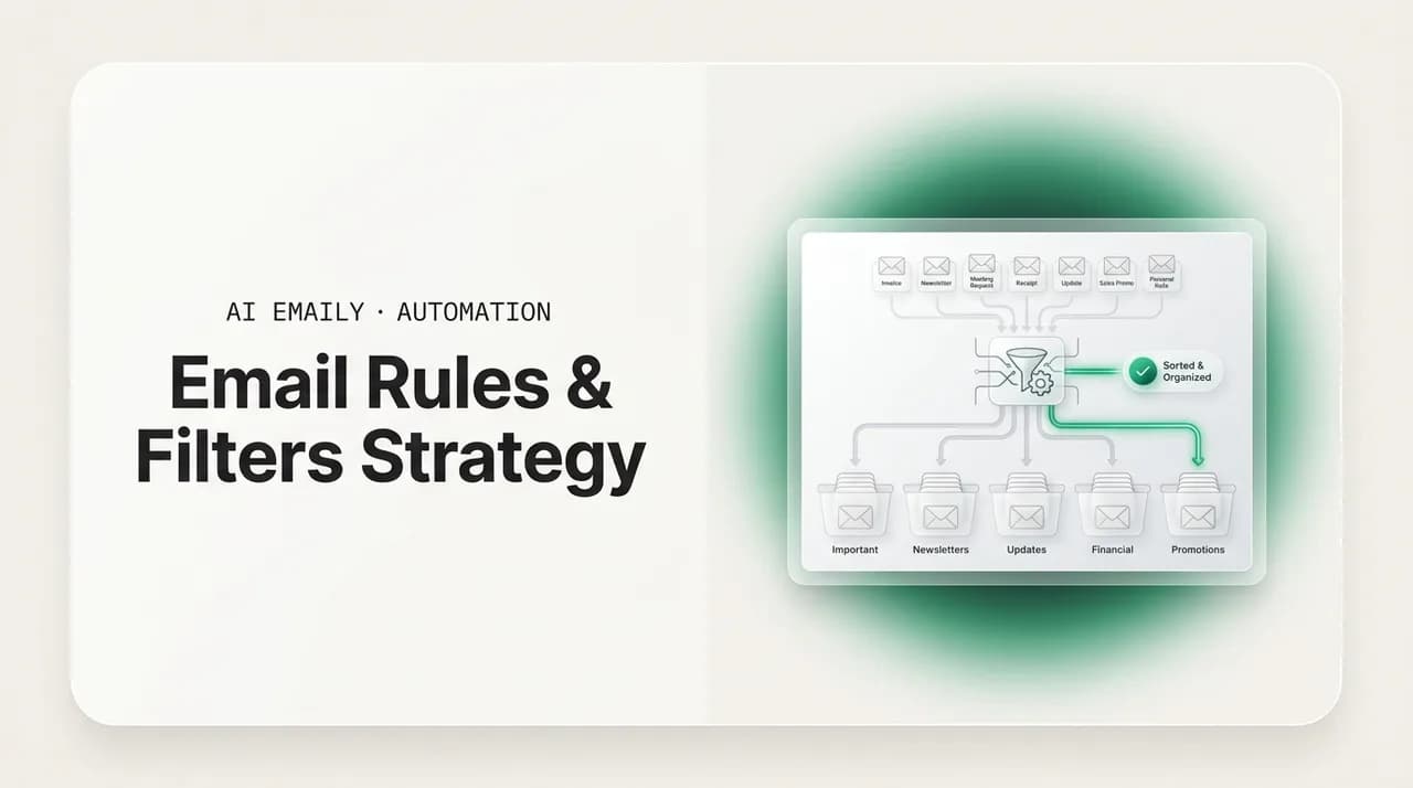 AI Emaily blog cover for email rules and filters, showing a filter strategy sorting an inbox into buckets
