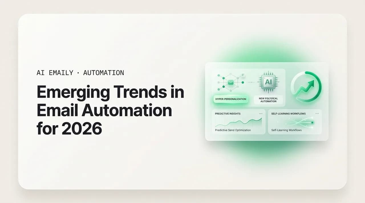AI Emaily blog cover for email automation trends 2026, showing a panel of emerging automation trends
