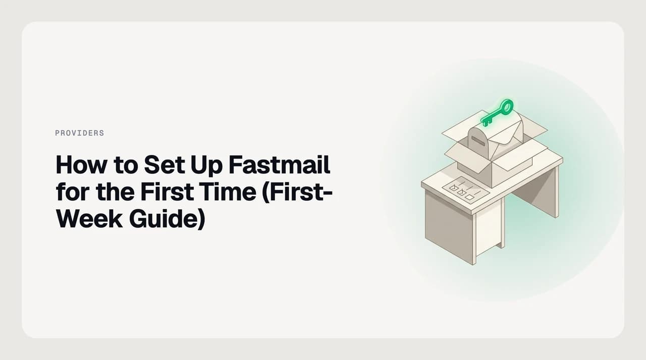 Checklist illustration for setting up Fastmail for the first time, showing identity, folder, rule, and spam settings
