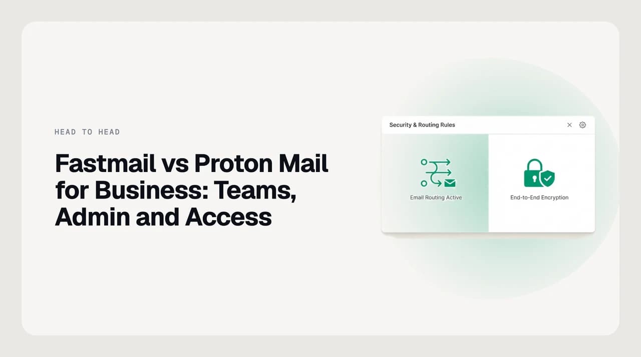 Side-by-side comparison of Fastmail and Proton Mail for business teams, weighing standards-based client access against end-to-end encryption and admin controls
